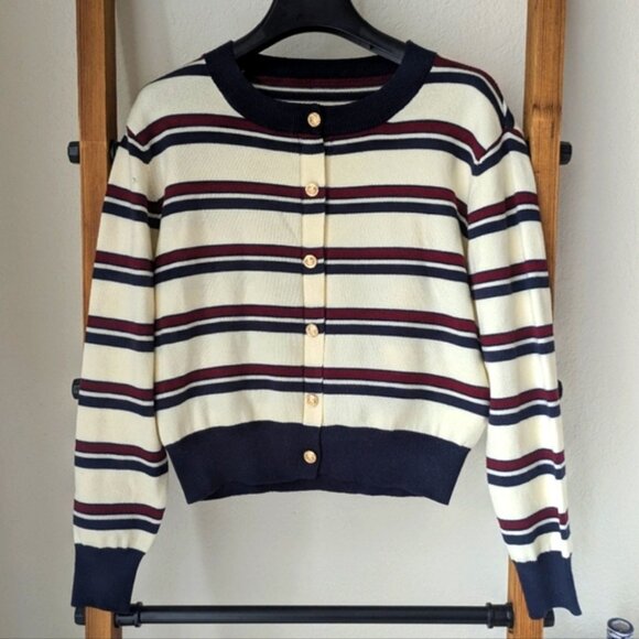 Navy and Cream Striped Women's Cardigan - Picture 1 of 2